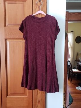 Girl's Forever 21 Ribbed Short-Sleeve Swing Dress Burgundy Black Heathered 7/8